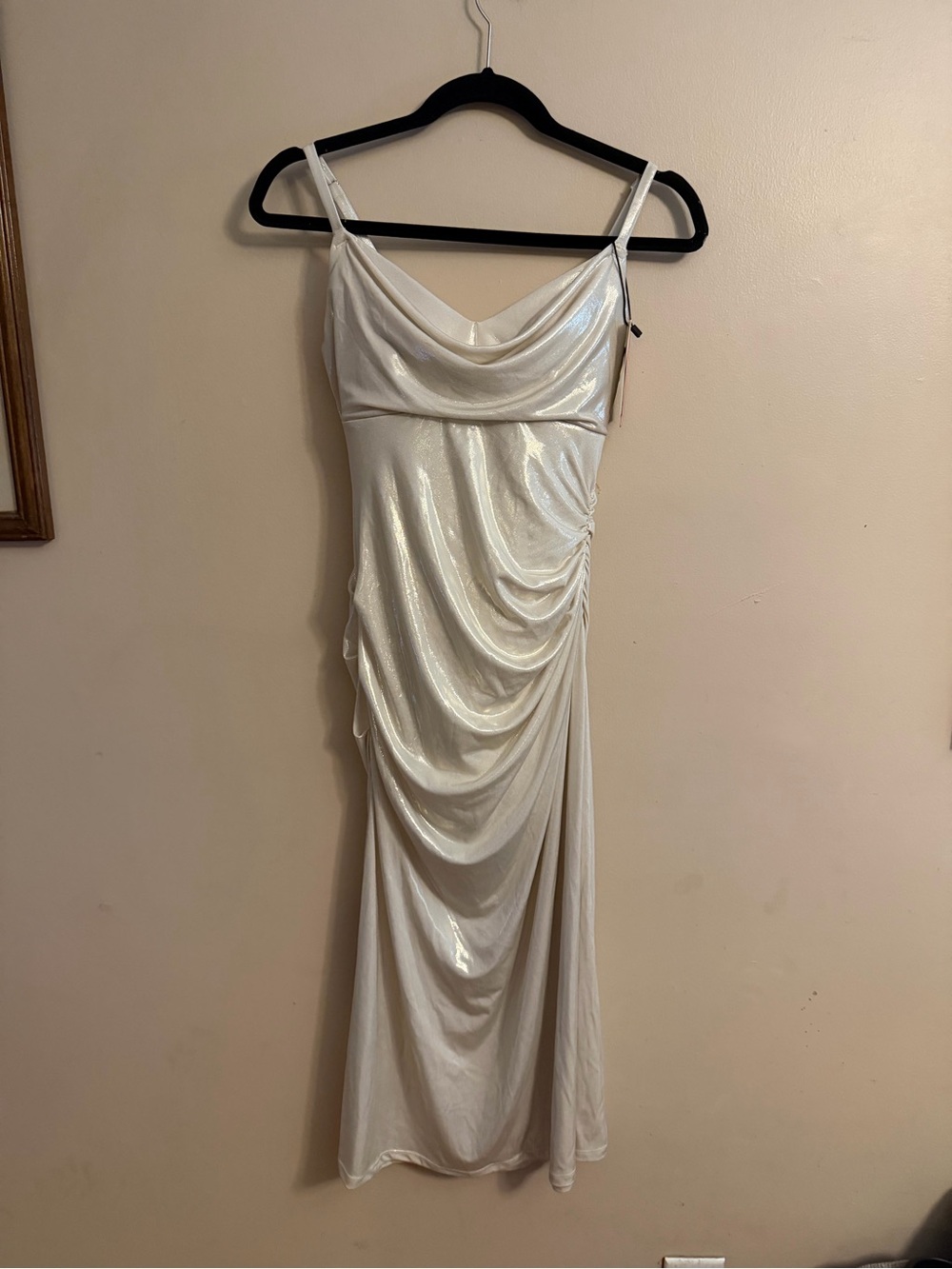 Ivory Cowl-Neck Midi Slip Dress with Draped Side Ruching